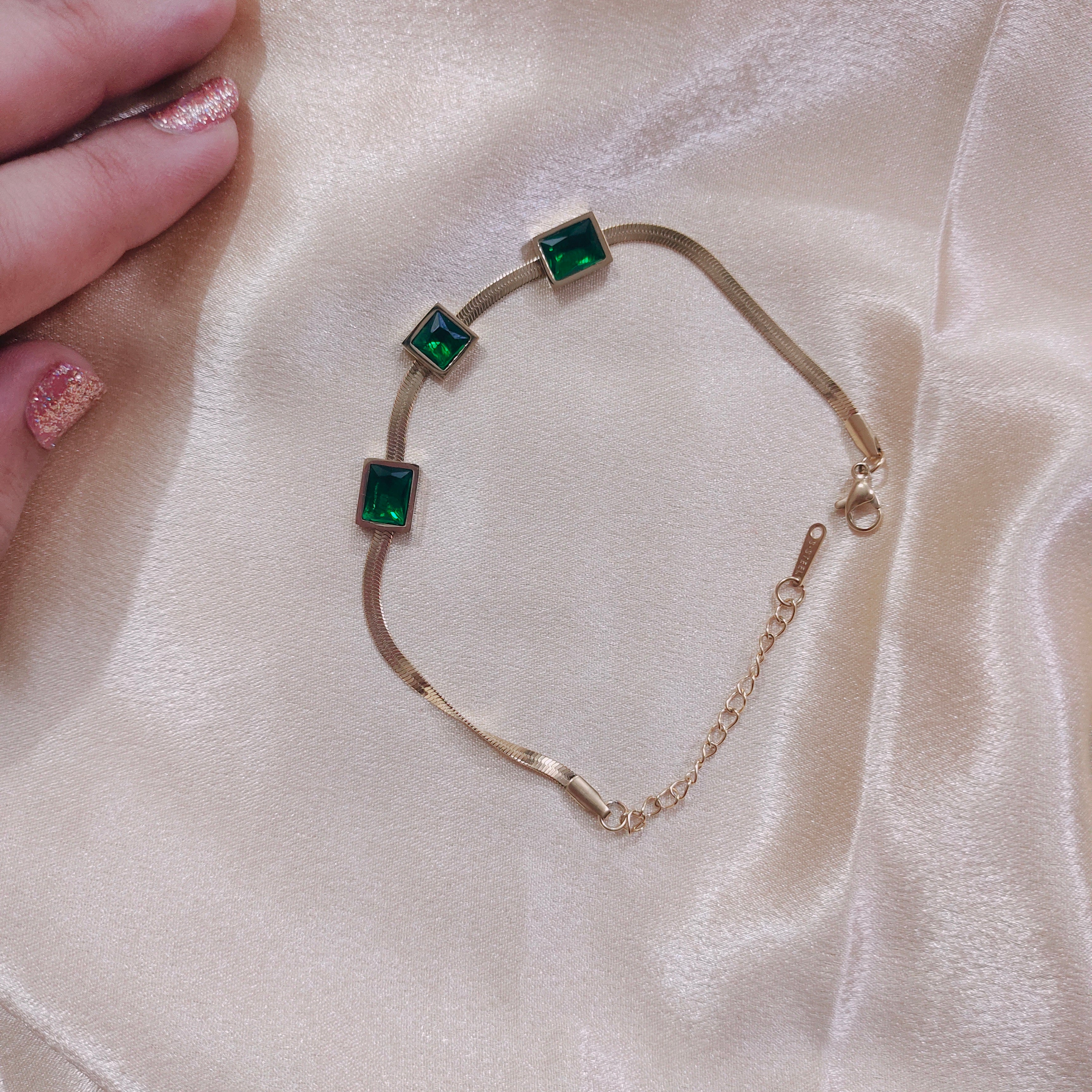 Green Three Crystal Golden Bracelet