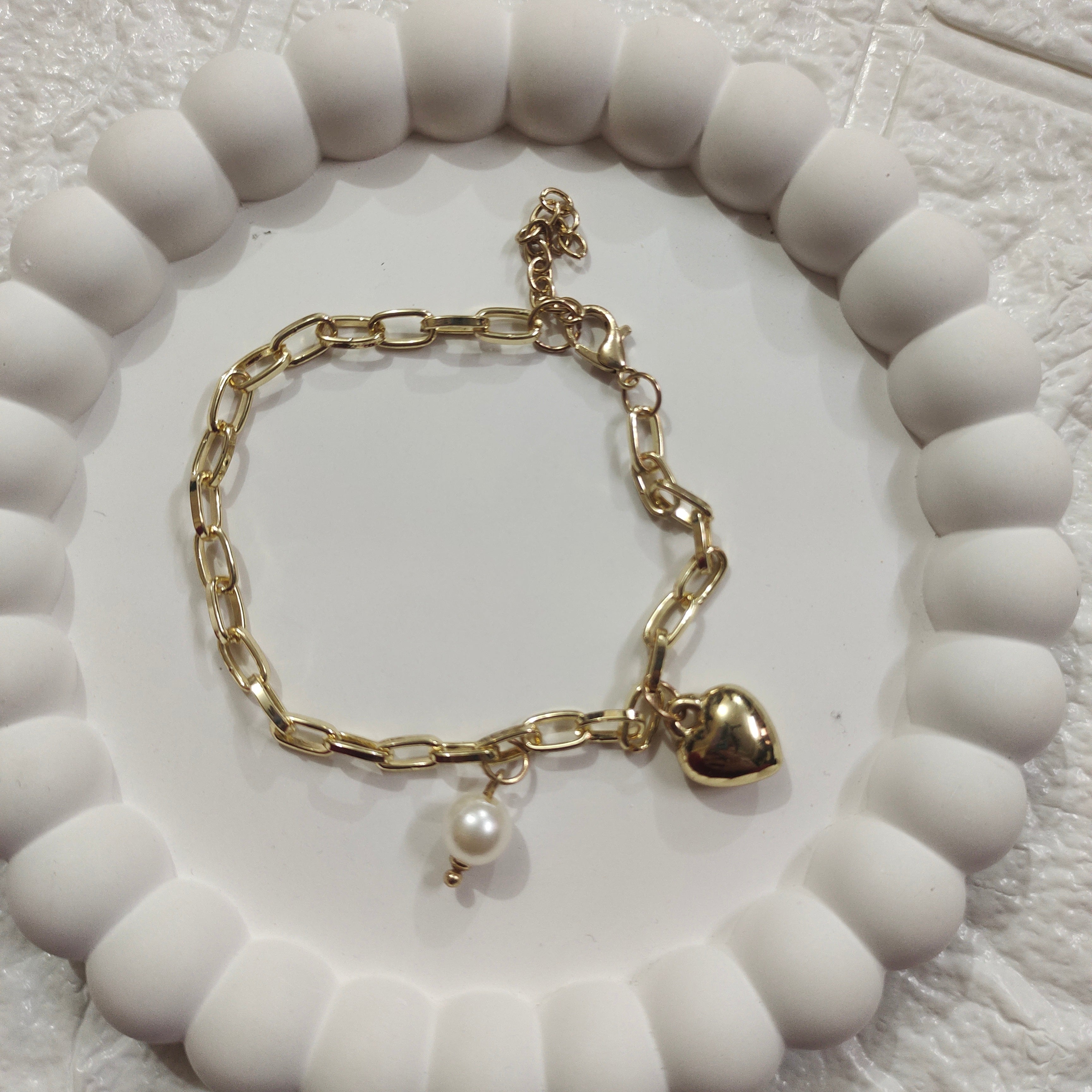 Heart & Pearl Golden Charm Light Weight Bracelet