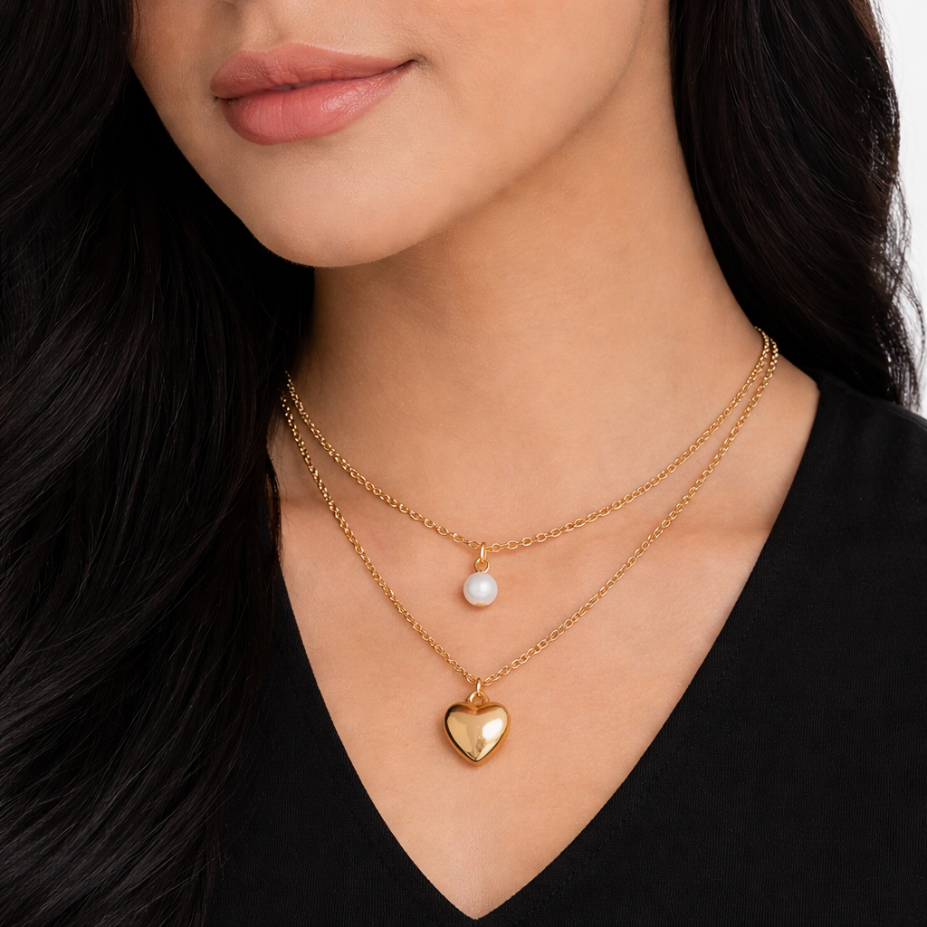Double Layer Heart and Pearl Pendant