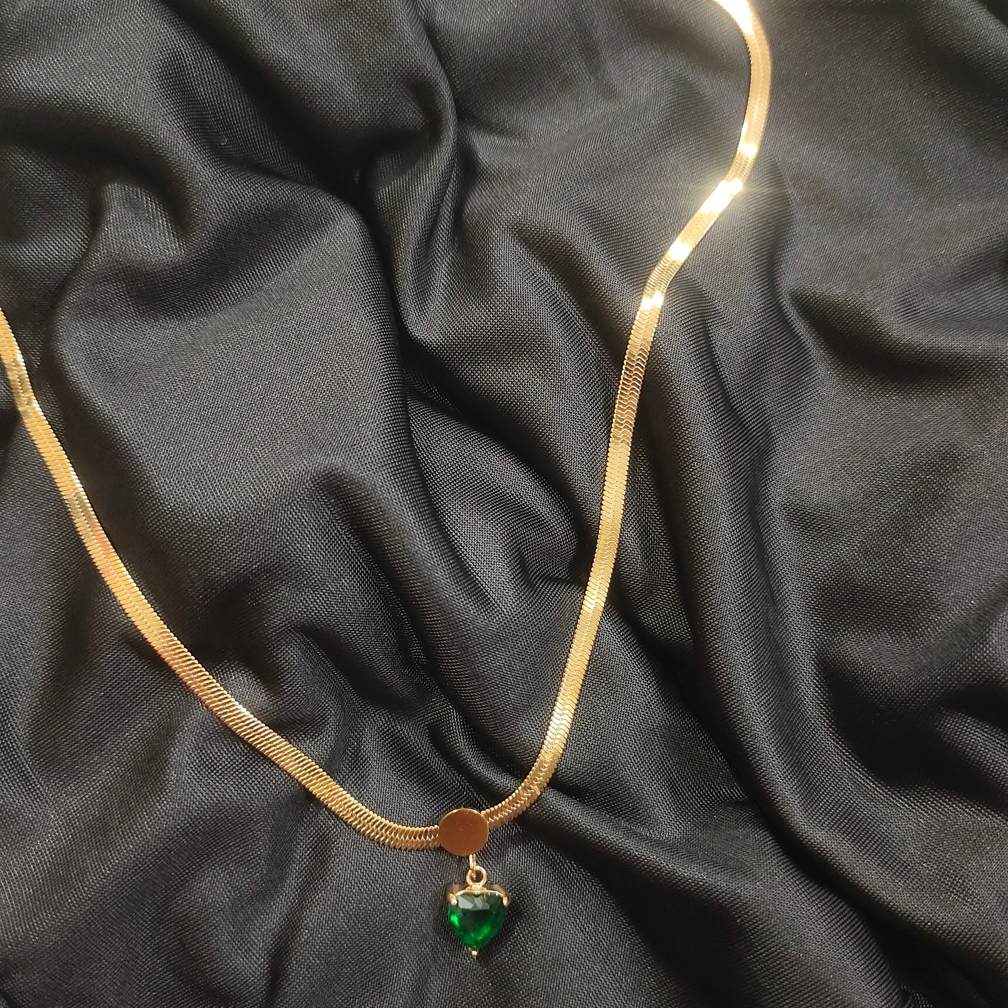 Green Heart Golden Snake Chain Pendant