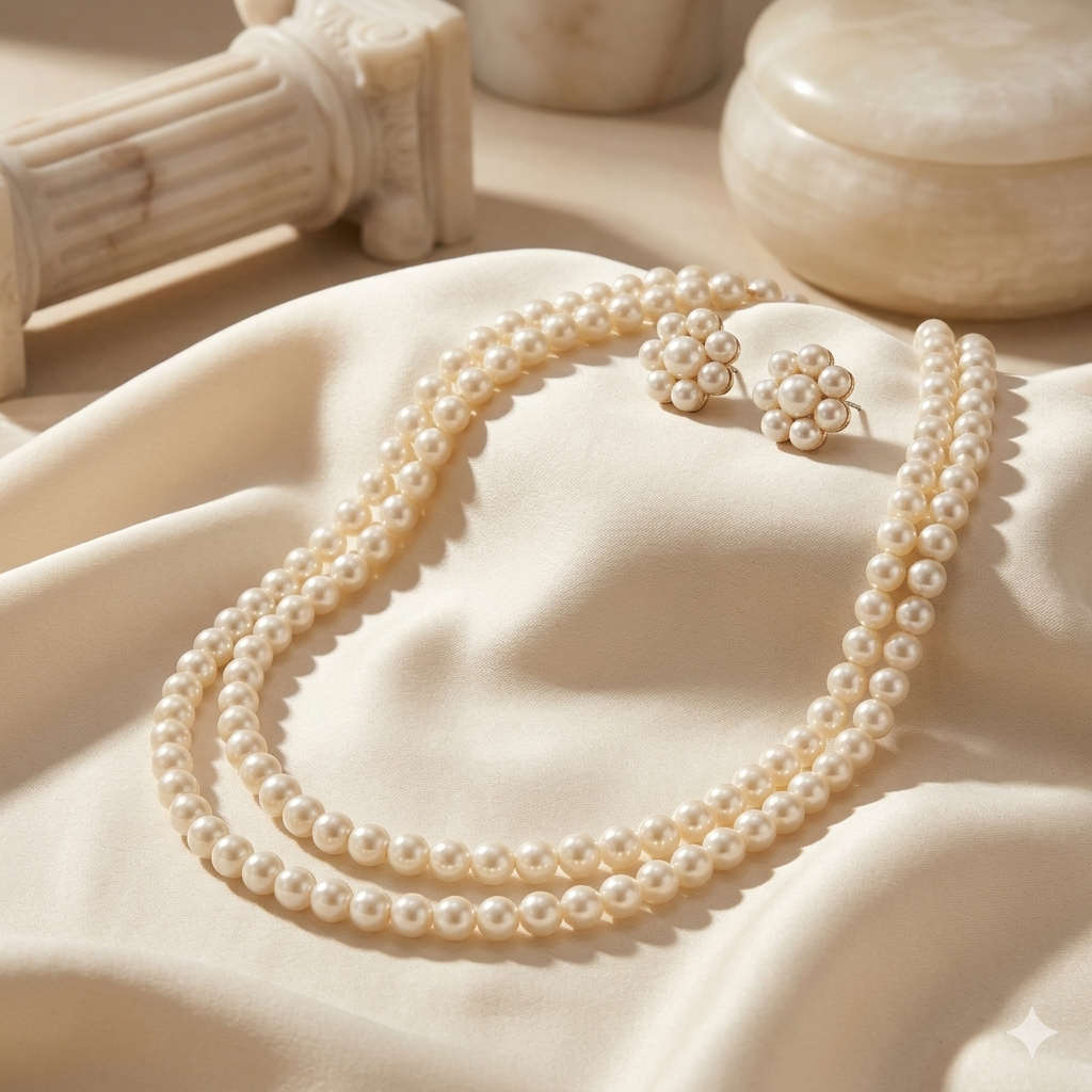 Pearl Double Layered Necklace With Light Weight Earings