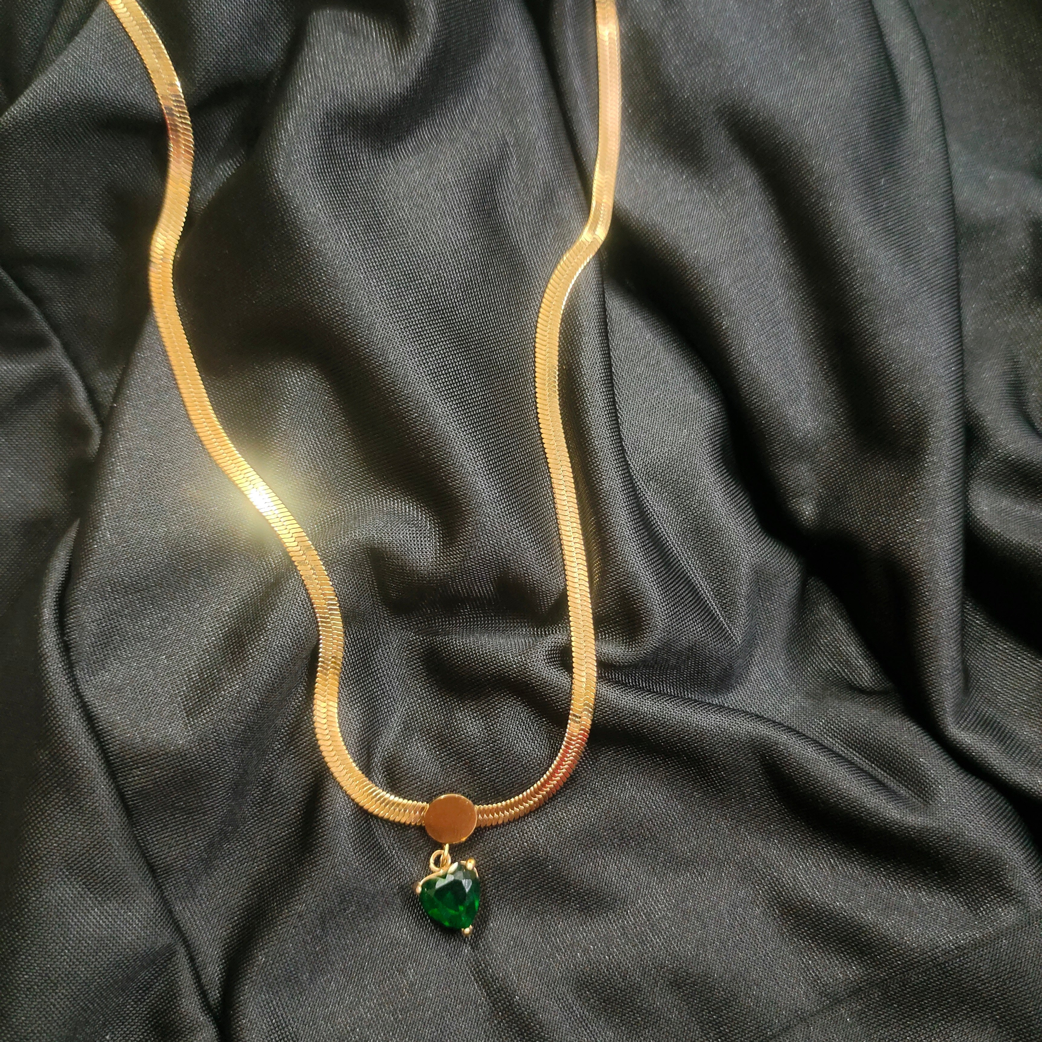 Green Heart Golden Snake Chain Pendant