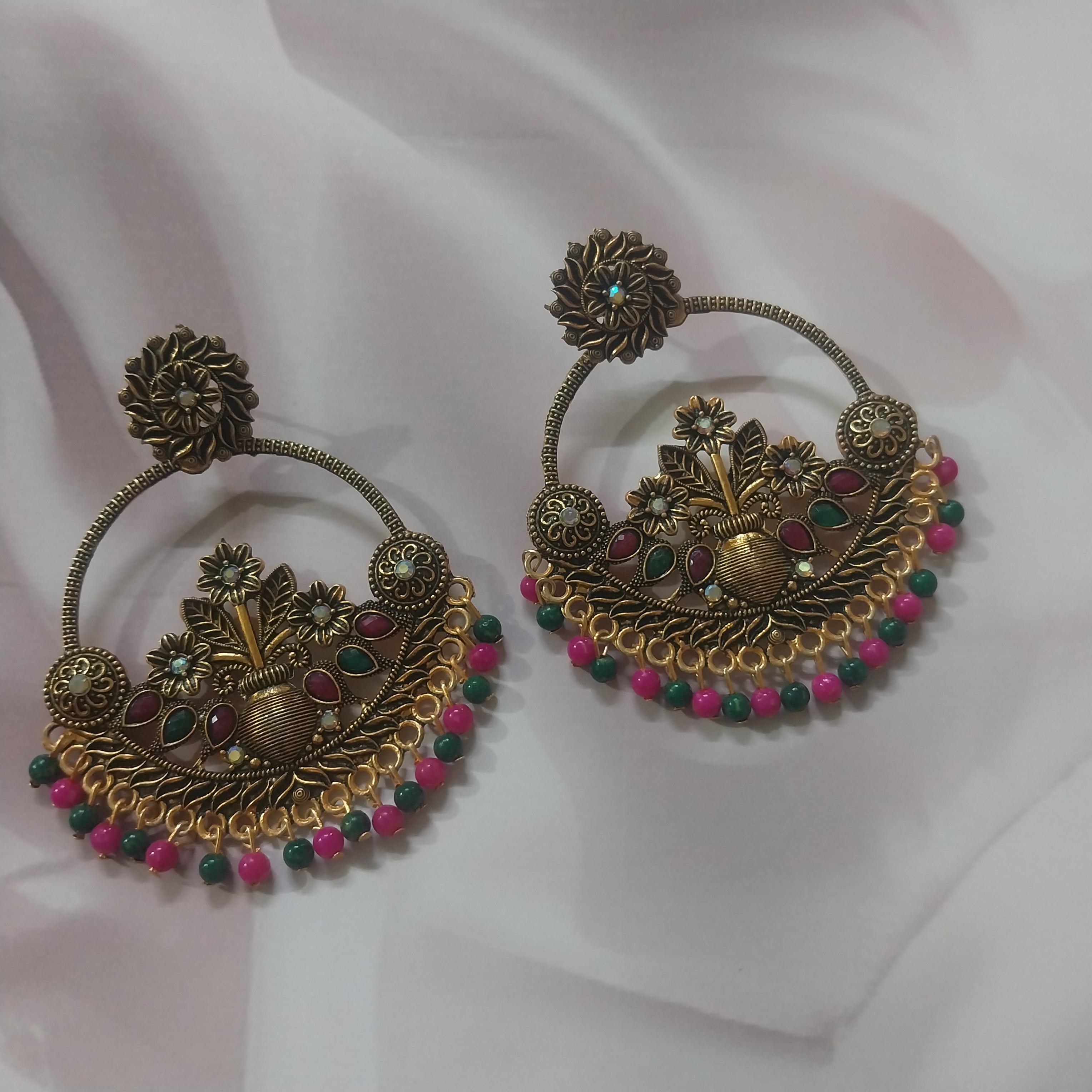 Long Green and Pink Bead Earings