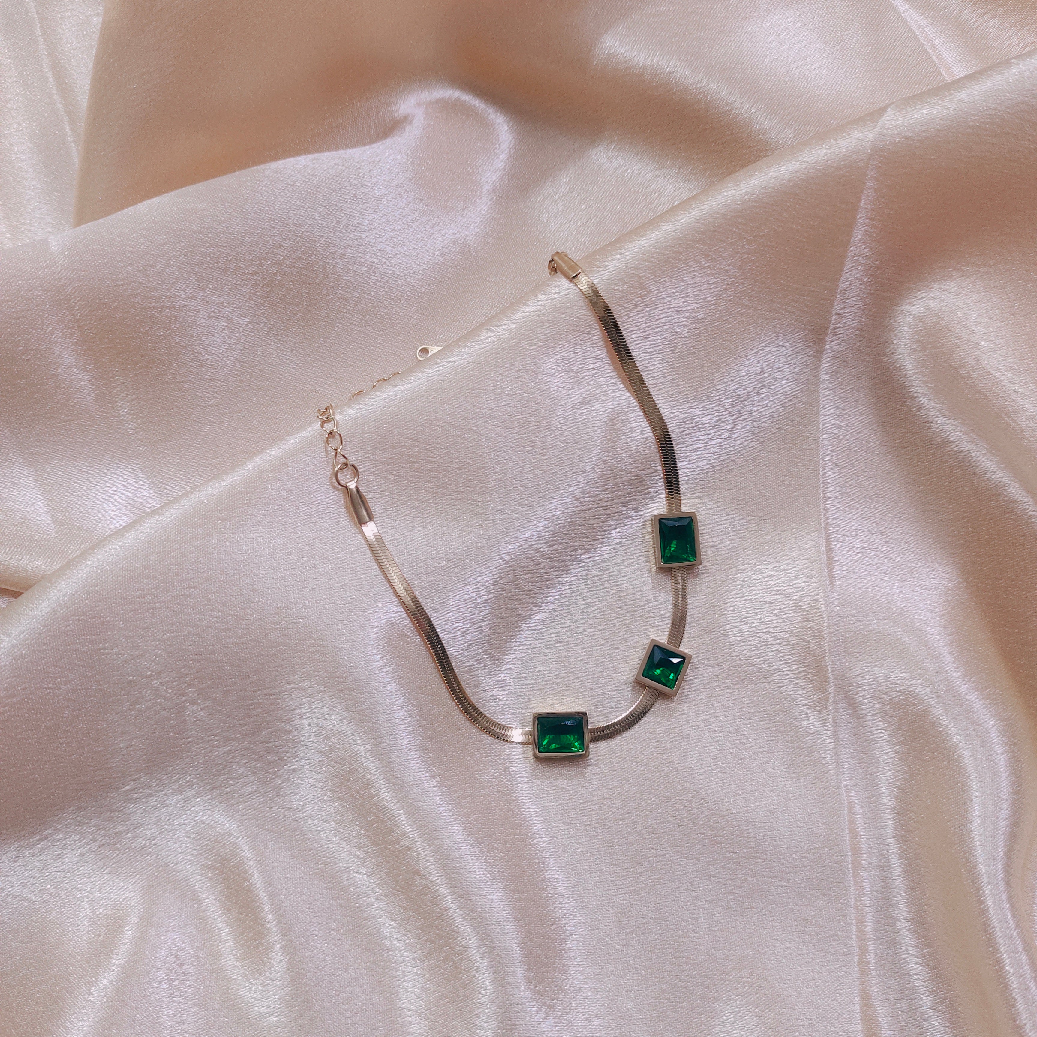Green Three Crystal Golden Bracelet