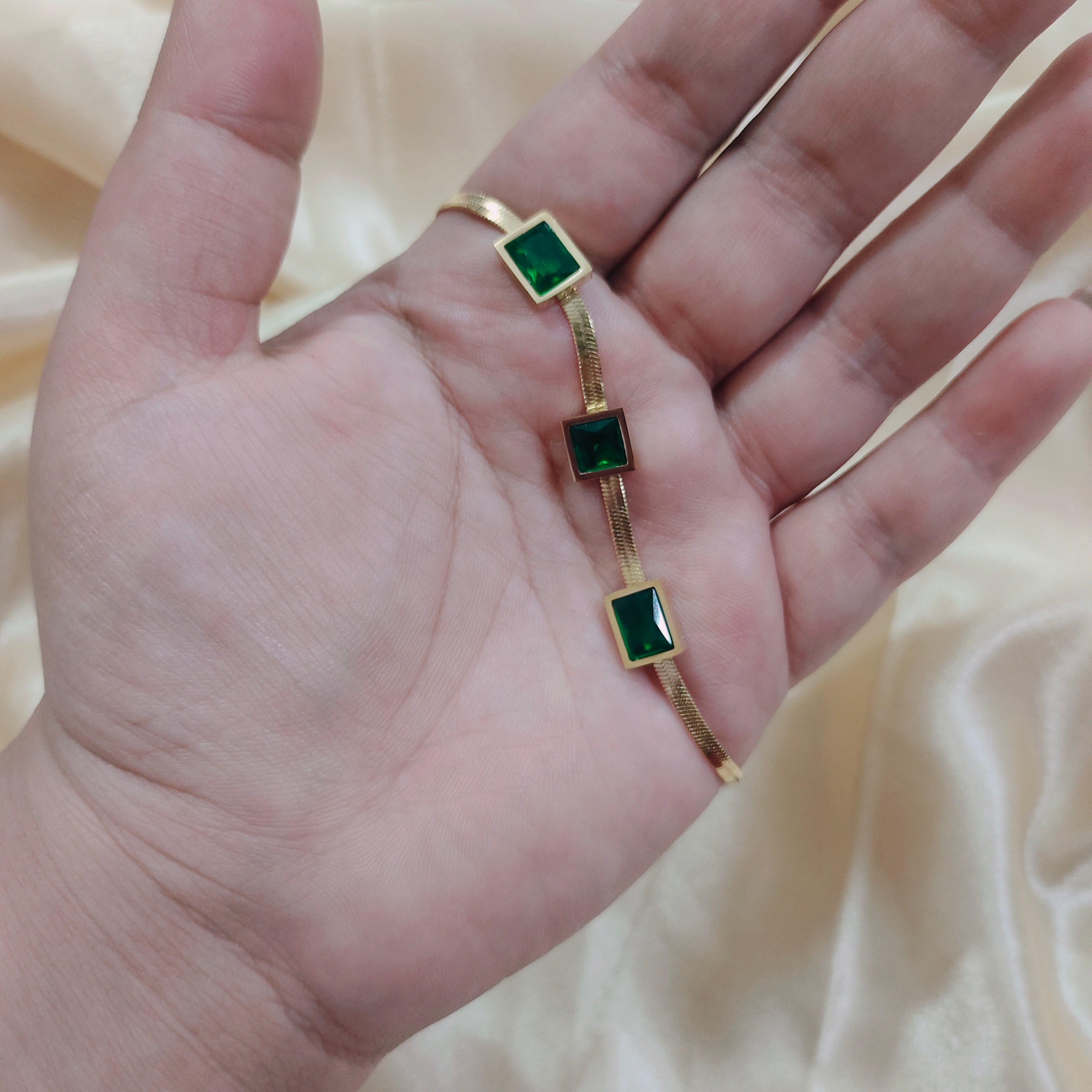 Green Three Crystal Golden Bracelet